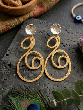 18K Gold Silver Plated Brass Two Tone Spiral Boho Turkish Statement Earrings